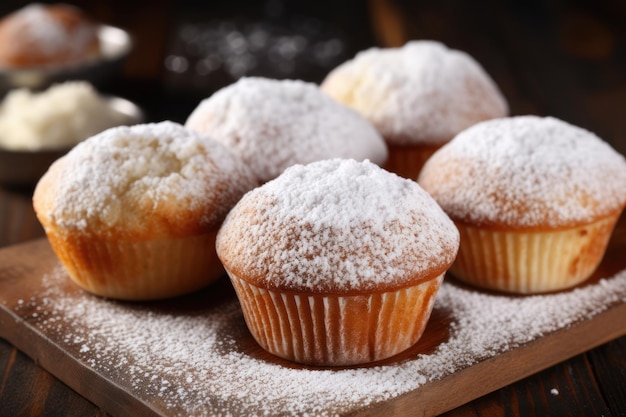 Deliziosi muffin in polvere di zucchero su un tavolo di legno