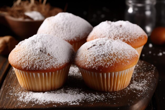 Deliziosi muffin in polvere di zucchero su un tavolo di legno