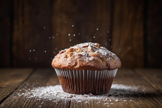 Deliziosi muffin in polvere di zucchero su un tavolo di legno