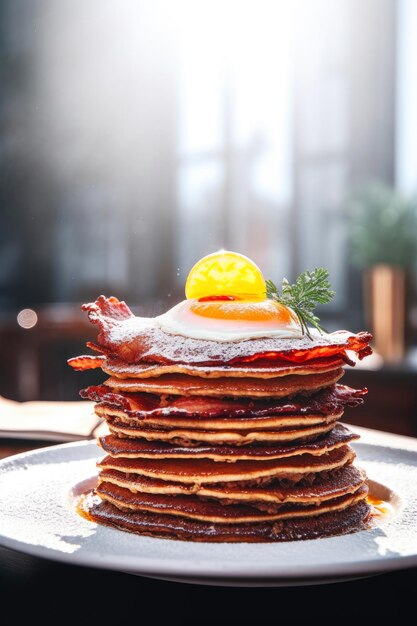 Deliziosi pancake con pancetta croccante e un uovo fritto