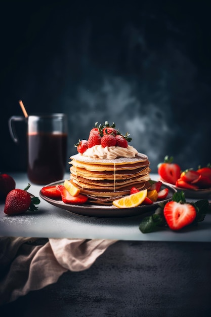 Deliziosi pancake con panna e fragole .