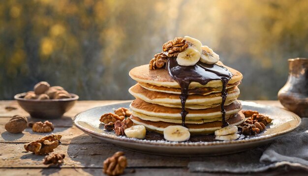 Deliziosi pancake fatti in casa con banane al cioccolato e noci Buono cibo per la colazione