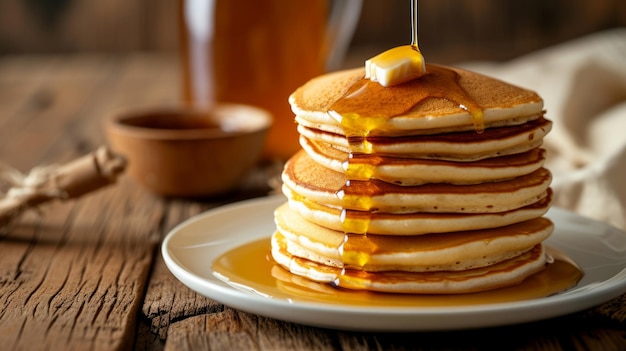 Deliziosi pancake per la colazione con burro e sciroppo dolce