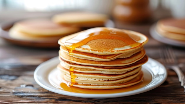 Deliziosi pancake per la colazione con burro e sciroppo dolce