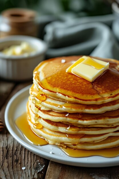 Deliziosi pancake per la colazione con burro e sciroppo dolce