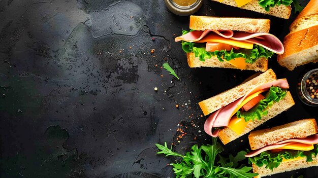 Deliziosi panini al formaggio al prosciutto con sfondo di consistenza scura Fotografia alimentare Copia spazio