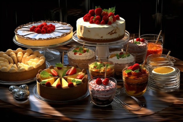 deliziosi pasticcini cupcakes e torte con bacche sul tavolo del dessert in un affascinante caffè