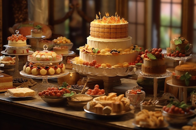deliziosi pasticcini cupcakes e torte con bacche sul tavolo del dessert in un affascinante caffè