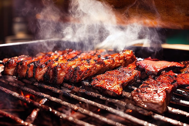 Deliziosi pezzi di carne con salsa barbecue sulla griglia del fumatore