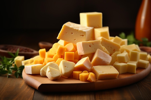 Deliziosi pezzi di formaggio su un piatto di legno Ai generativo