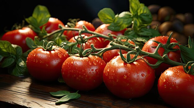 deliziosi pomodori freschi frutti con sfondo nero e sfocato