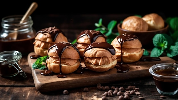 Deliziosi profiteroles con crema spalmabile al cioccolato e tè profumato su tavola avvolta Risorsa creativa AI generata