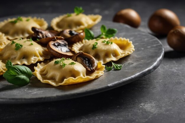 Deliziosi ravioli con funghi serviti su un tavolo grigio