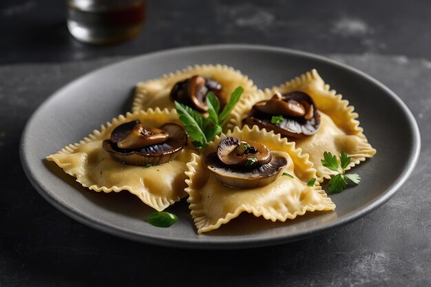 Deliziosi ravioli con funghi serviti su un tavolo grigio