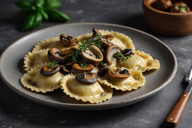 Deliziosi ravioli con funghi serviti su un tavolo grigio