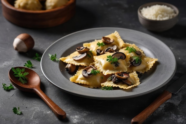 Deliziosi ravioli con funghi serviti su un tavolo grigio