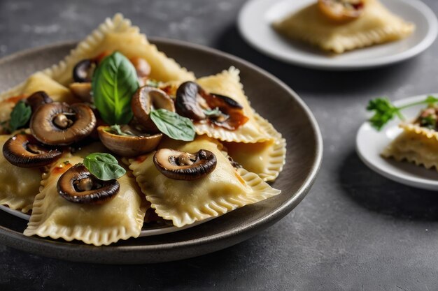 Deliziosi ravioli con funghi serviti su un tavolo grigio