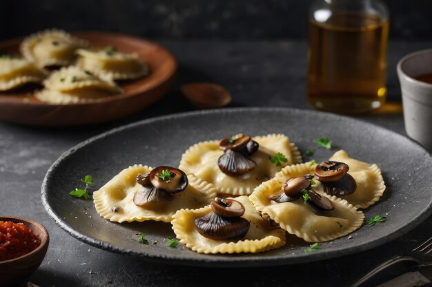 Deliziosi ravioli con funghi serviti su un tavolo grigio