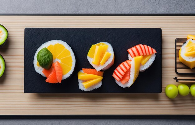 Deliziosi rotoli di sushi serviti su un tavolo di legno nero con la vista piatta sulla parte superiore