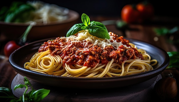 deliziosi spaghetti alla bolognese con pasta al dente cucinata alla perfezione condita con una ricca toma carnosa