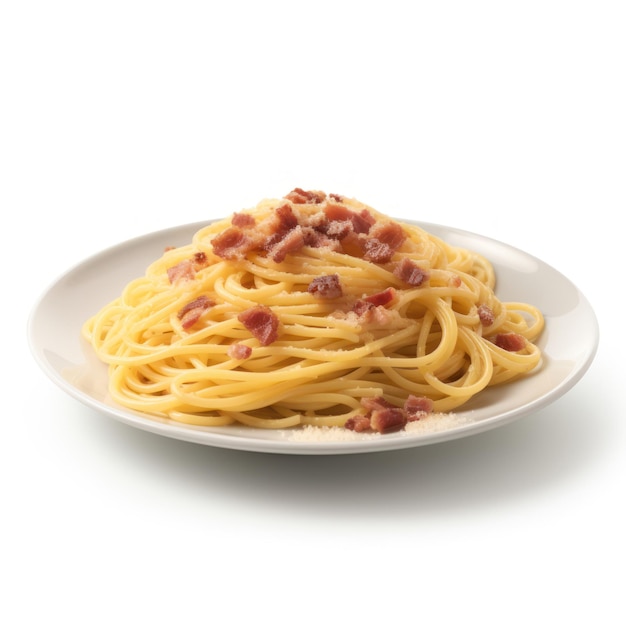 Deliziosi spaghetti alla carbonara italiana su un piatto isolato su sfondo bianco IA generativa