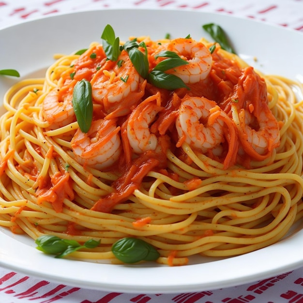 Deliziosi spaghetti di pasta con gamberetti succulenti e salsa aromatica generata da AIG