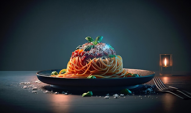 Deliziosi spaghetti italiani serviti su un piatto scuro perfetto per una cena intima