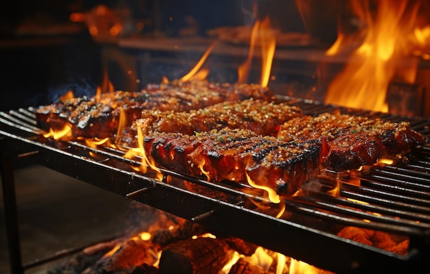 Deliziosi spiedini di carne alla griglia con fiamme e scintillii sulla griglia del barbecue