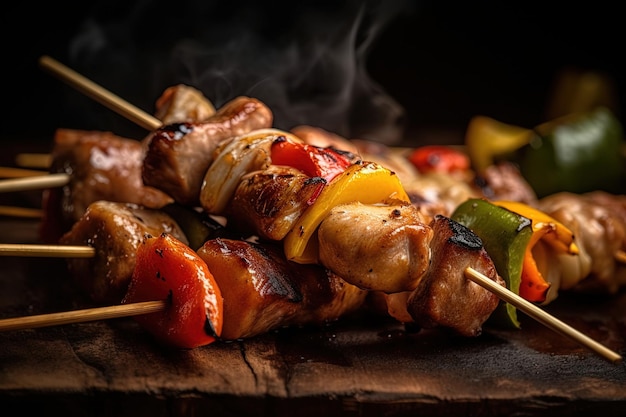 Deliziosi spiedini di pollo alla griglia da vicino shish kebab con erbe e spezie illustrazione ai generativa