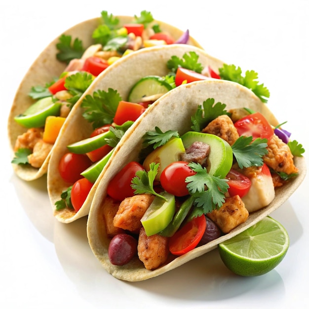 Deliziosi tacos di pollo con condimenti freschi su uno sfondo bianco