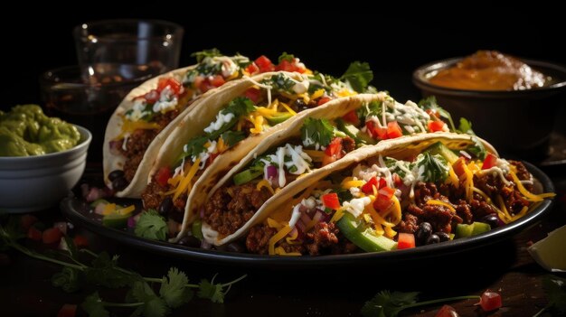 Deliziosi tacos ripieni di verdure e carne su un piatto con sfondo sfocato