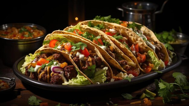 Deliziosi tacos ripieni di verdure e carne su un piatto con sfondo sfocato