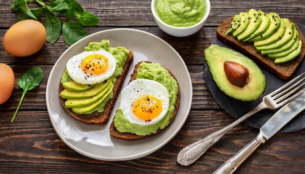 Deliziosi toast di avocado con pane di segale, puree di avocado e uova fritte, cibo sano e gustoso.