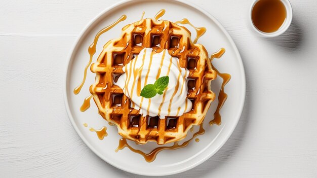 deliziosi waffle belgi con bacche fresche menta e miele su piatto bianco vista dall'alto