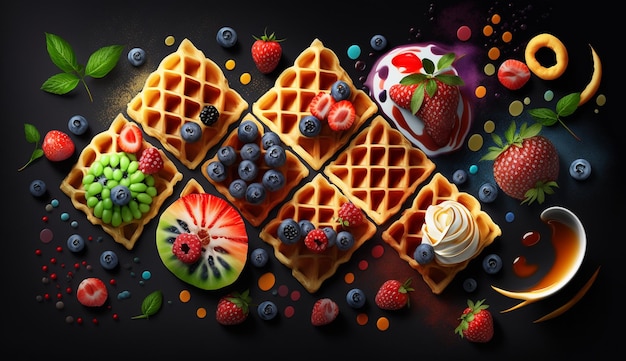 Deliziosi waffle belgi con panna montata ai frutti di bosco e vari ripieni dolci IA generativa