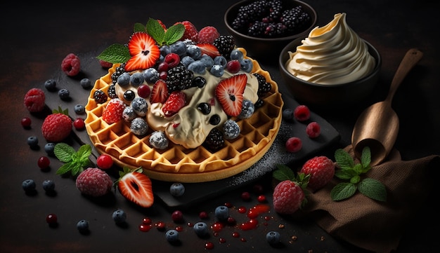 Deliziosi waffle belgi con panna montata ai frutti di bosco e vari ripieni dolci IA generativa