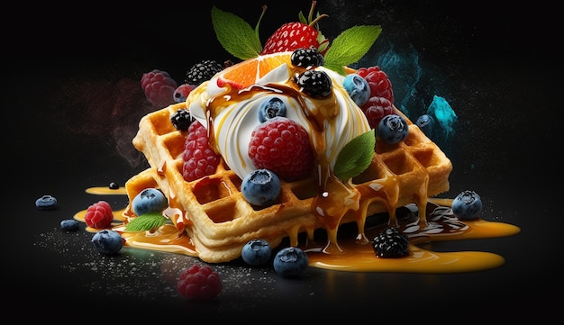 Deliziosi waffle belgi con panna montata ai frutti di bosco e vari ripieni dolci IA generativa