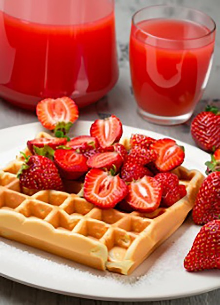Deliziosi waffle con fragole e succo di frutta