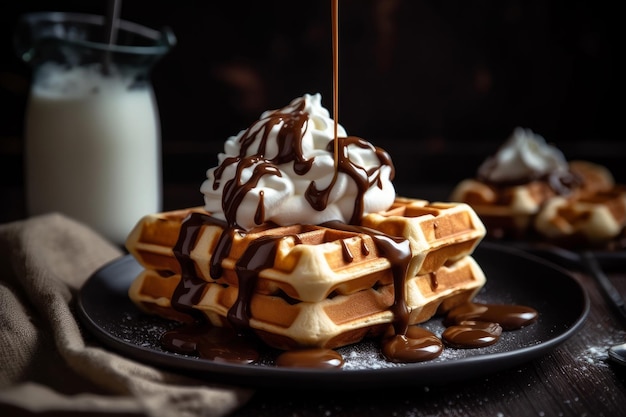 deliziosi waffle con panna montata e salsa al cioccolato