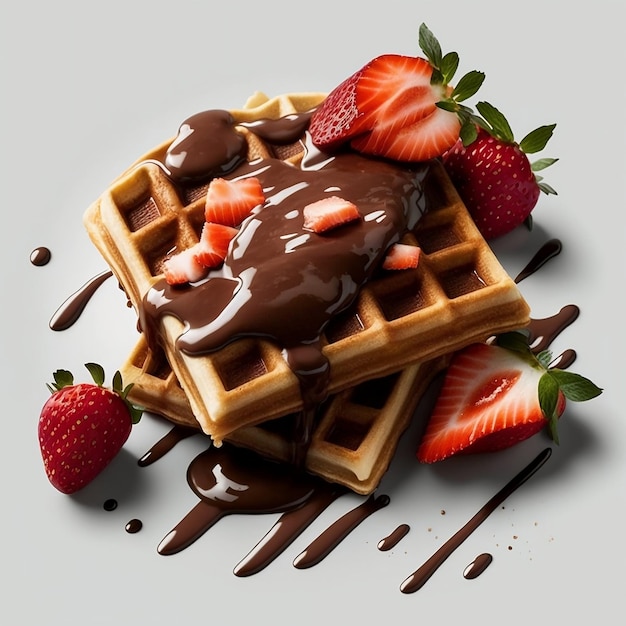 Deliziosi waffle con sciroppo d'acero e cioccolato ricoperti di fragole per colazione Generative AI