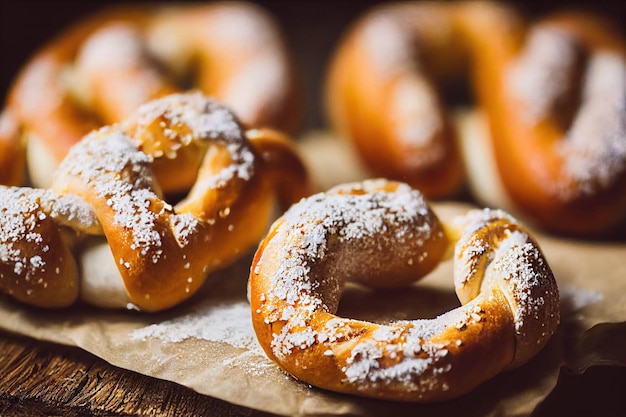 Delizioso antipasto di tè in forma di lussureggiante brezel rosato fatto in casa