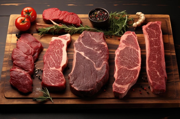 Delizioso assortimento di bistecche di carne Black Angus Prime Machete Lama con osso Controfiletto Rib eye Filetto mignon di filetto presentato su una tavola di legno rustica Generato dall'intelligenza artificiale