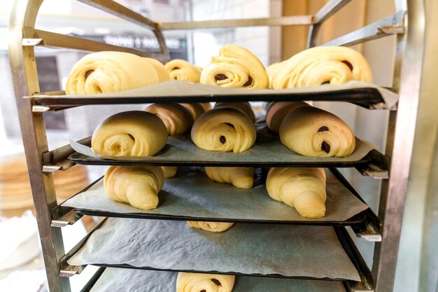 Delizioso assortimento di napoletani appena cotti croissant su vassoio pieno per il forno da forno