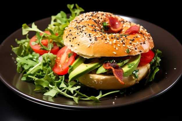 Delizioso Bagel Bun Bacon Avocado Tomati e Arugula AI generativa