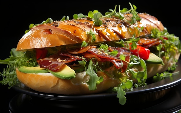 Delizioso Bagel Bun con Bacon Avocado e Insalata Verde Generativa AI