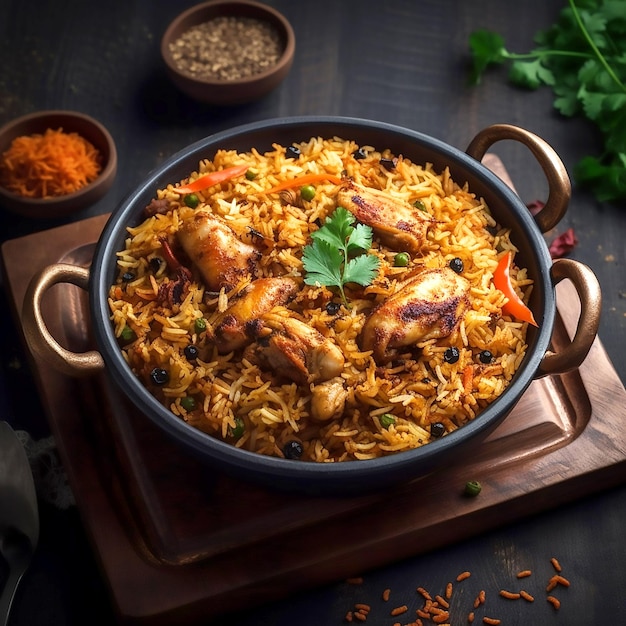 Delizioso biryani di pollo in un piatto nero su una fotografia di primo piano del vassoio di legno