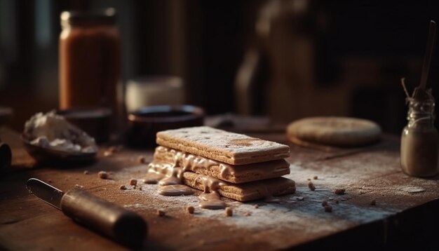 Delizioso biscotto al cioccolato fondente fatto in casa su un tavolo di legno rustico generato dall'intelligenza artificiale