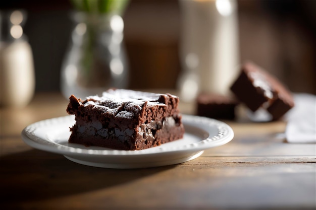 Delizioso brownie al cioccolato fatto in casa in piatto di ceramica bianca su tavolo in legno rustico AI generato Messa a fuoco selettiva