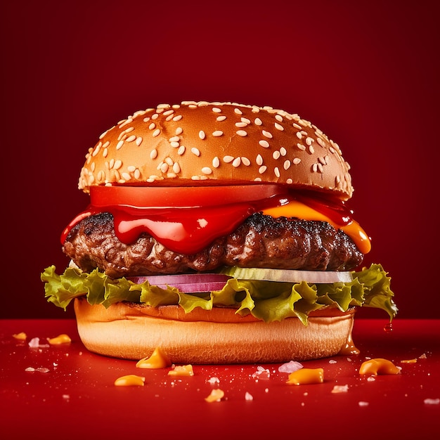 Delizioso burger sullo sfondo rosso