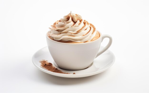 Delizioso caffè con whip cream in una ceramica isolata su uno sfondo bianco